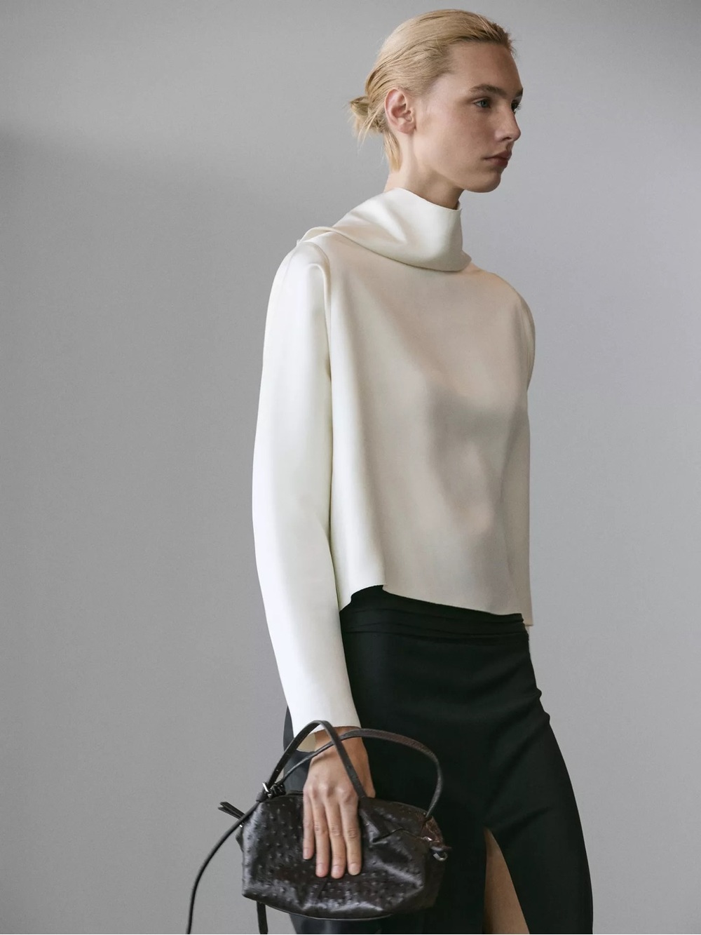 Massimo Dutti Studio Satin Elegant Cream High-Neck Long-Sleeve Top - Picture 2 of 10